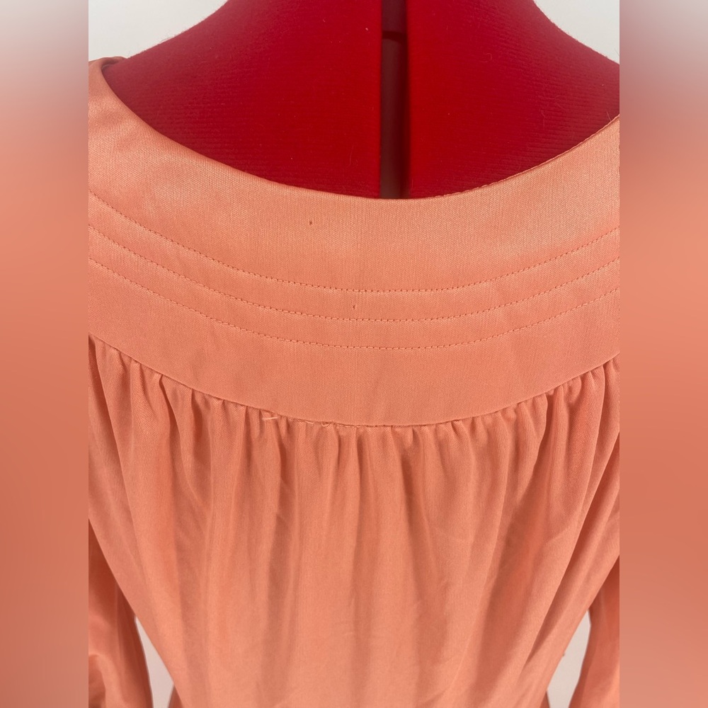 1970s Coral Nylon Hostess Dress House Coat / Maxi Length Lounging Gown - Picture 10 of 16